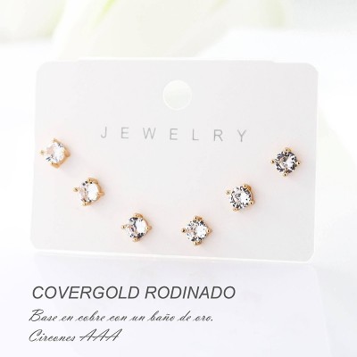 Set x 3 de aretes en covergold con baño en Rodio
