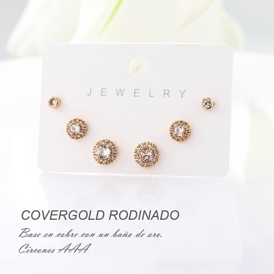 Set x 3 de aretes en covergold con baño en Rodio