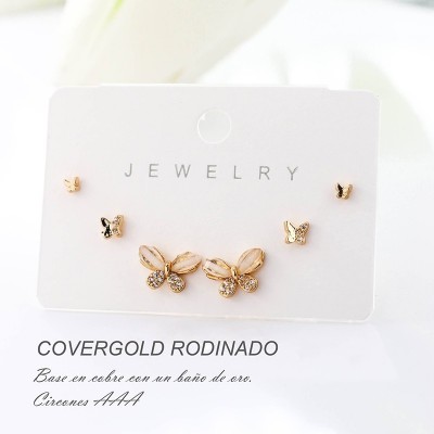 Set x 3 de aretes en covergold con baño en Rodio