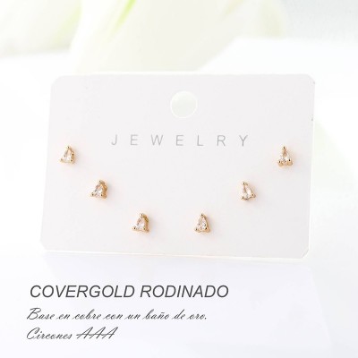 Set x 3 de aretes en covergold con baño en Rodio