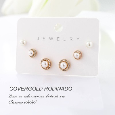 Set x 3 de aretes en covergold con baño en Rodio