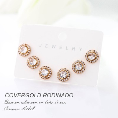 Set x 3 de aretes en covergold con baño en Rodio