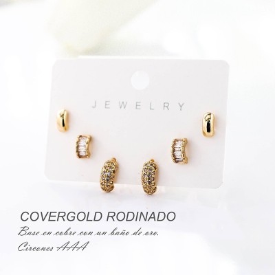 Set x 3 de aretes en covergold con baño en Rodio