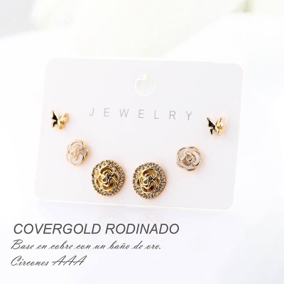 Set x 3 de aretes en covergold con baño en Rodio