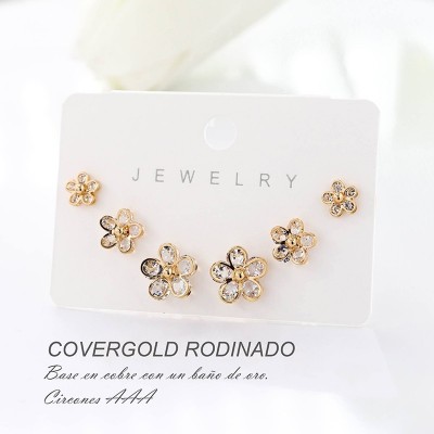 Set x 3 de aretes en covergold con baño en Rodio