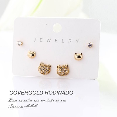 Set x 3 de aretes en covergold con baño en Rodio