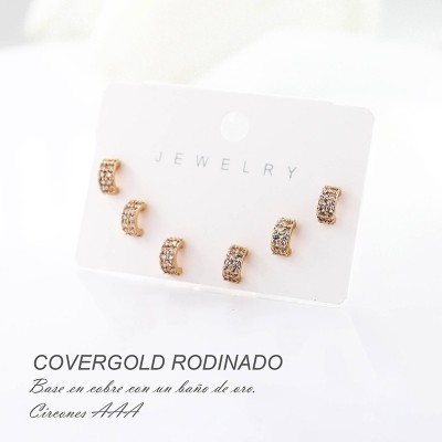 Set x 3 de aretes en covergold con baño en Rodio