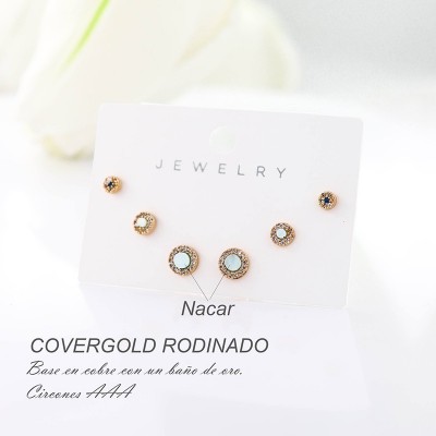 Set x 3 de aretes en covergold con baño en Rodio