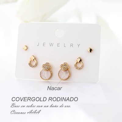 Set x 3 de aretes en covergold con baño en Rodio