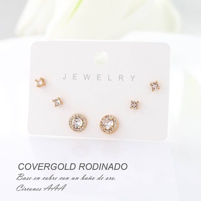 Set x 3 de aretes en covergold con baño en Rodio