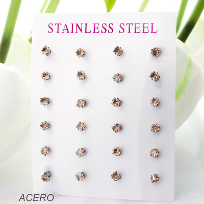 Cartón de aretes circón rosa en acero paquete x 12