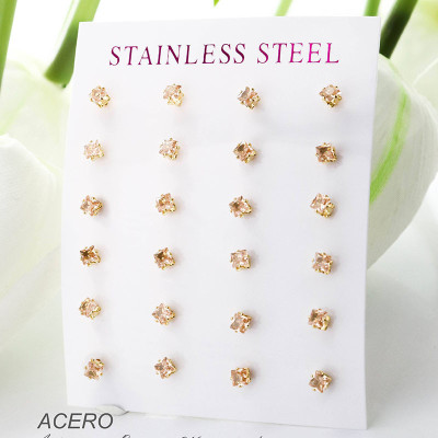 Cartón de aretes circón rosa en acero paquete x 12