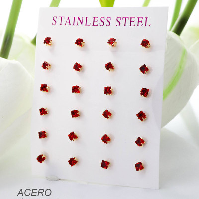 Cartón de aretes circón rojo en acero paquete x 12