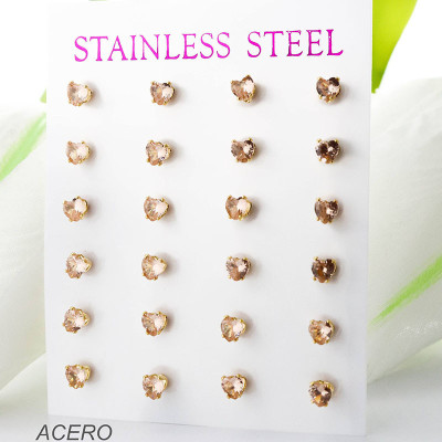 Cartón de aretes circón rosa en acero paquete x 12