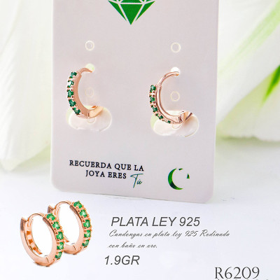 Candongas rosadas con piedra verde en plata ley 925 GR 1.9