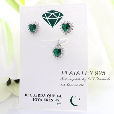 Set de topos y dije en forma de corazón en plata ley 925